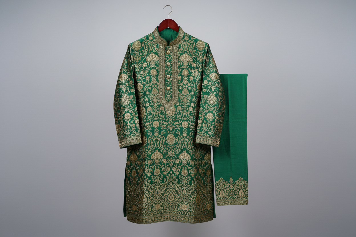 traditional male indian suit on a hanger 